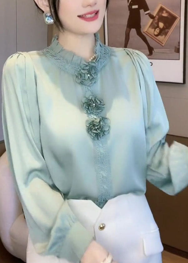 Women Blue Ruffled Patchwork Floral Chiffon Blouses Spring