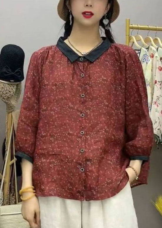 Women Brick Red Peter Pan Collar Print Linen Shirt Tops Summer