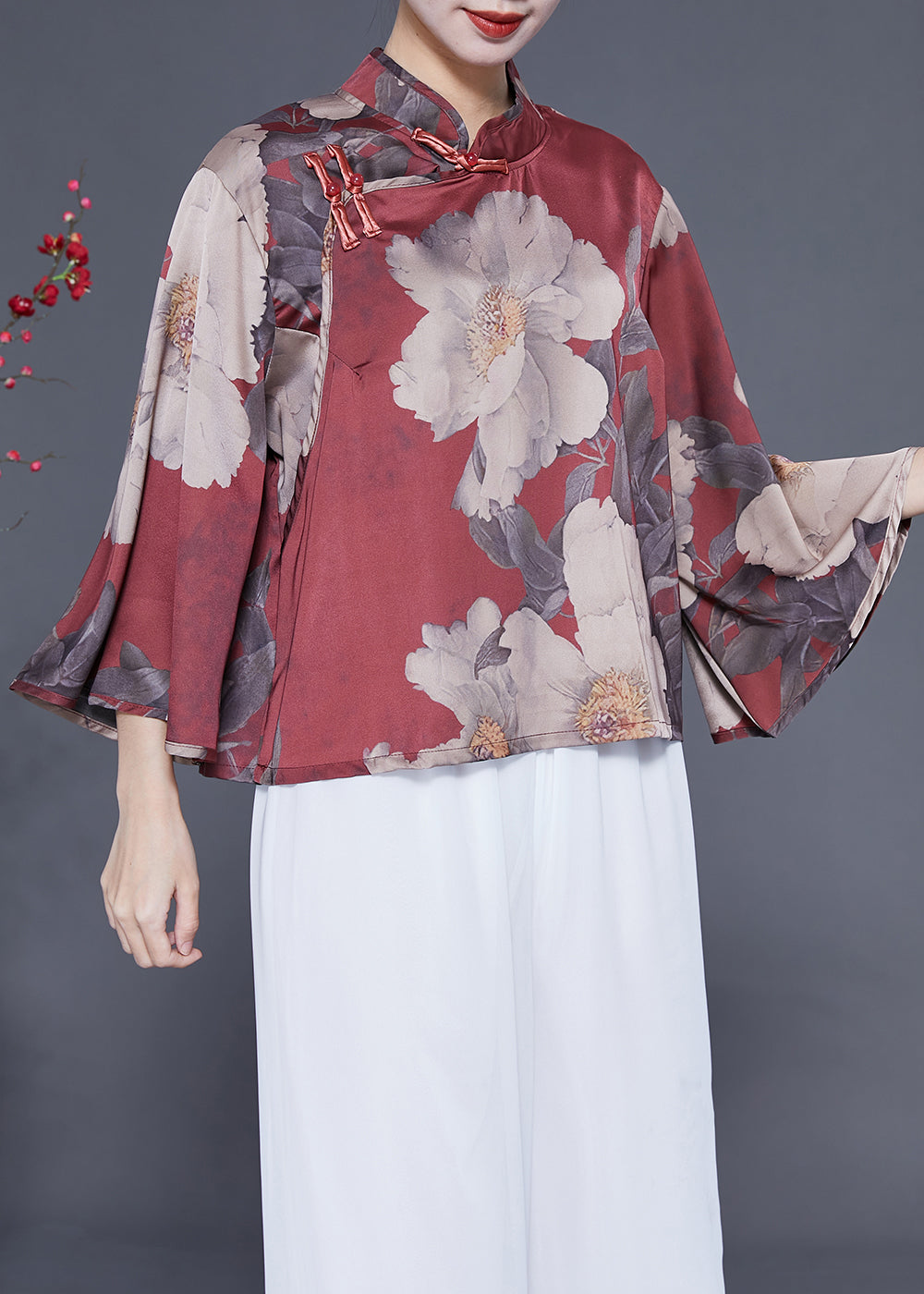 Women Brick Red Stand Collar Print Chinese Button Silk Shirt Flare Sleeve