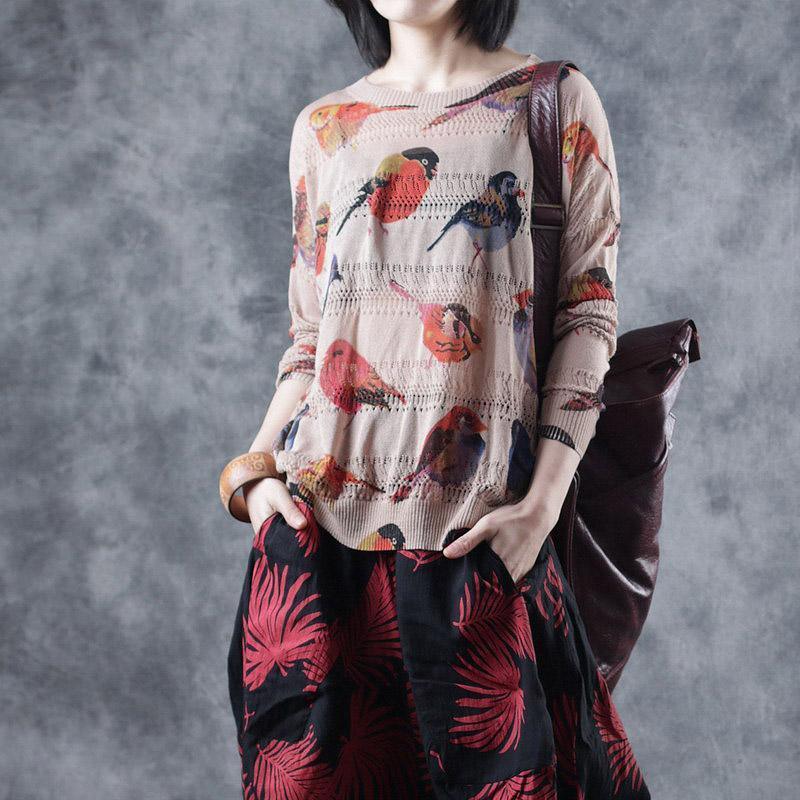 Women Cotton Bird Printing Hollow Knitting Shirt - Omychic