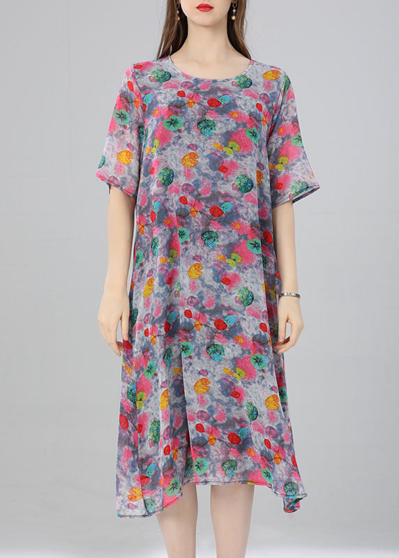 Women Floral O Neck Print Patchwork Chiffon Dress Summer