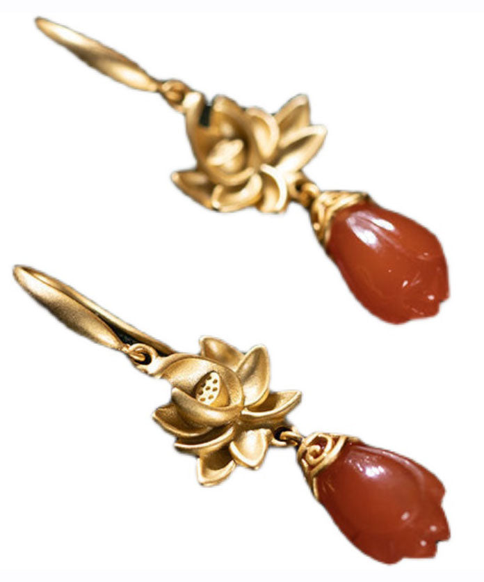 Women Gold Sterling Silver Overgild Agate Magnolia Flower Drop Earrings