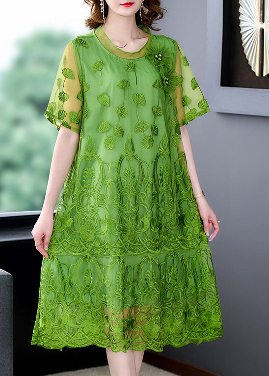 Women Green Embroideried Patchwork Tulle Dresses Short Sleeve