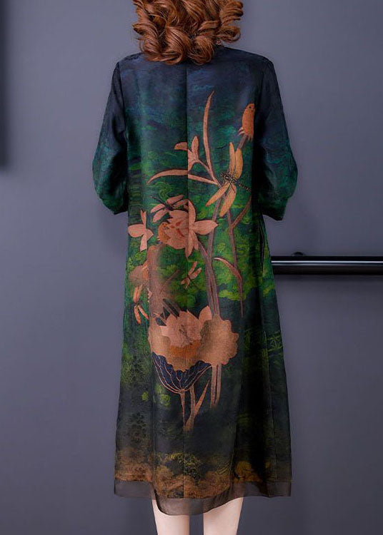 Women Green Embroideried Patchwork Zippered Silk Dresses Bracelet Sleeve