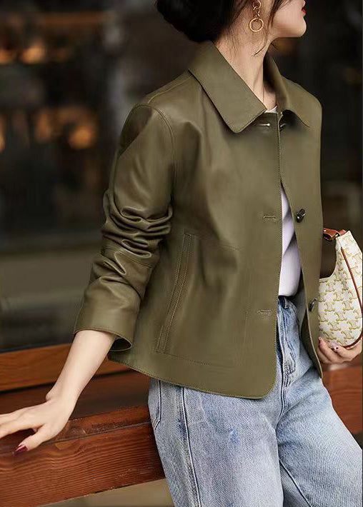 Women Green Peter Pan Collar Pockets Patchwork Sheepskin Coats Fall