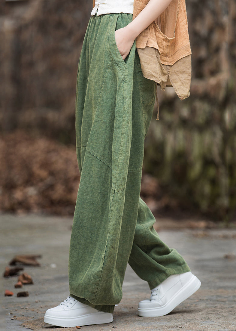 Women Green Pockets Elastic Waist Patchwork Linen Pants Fall