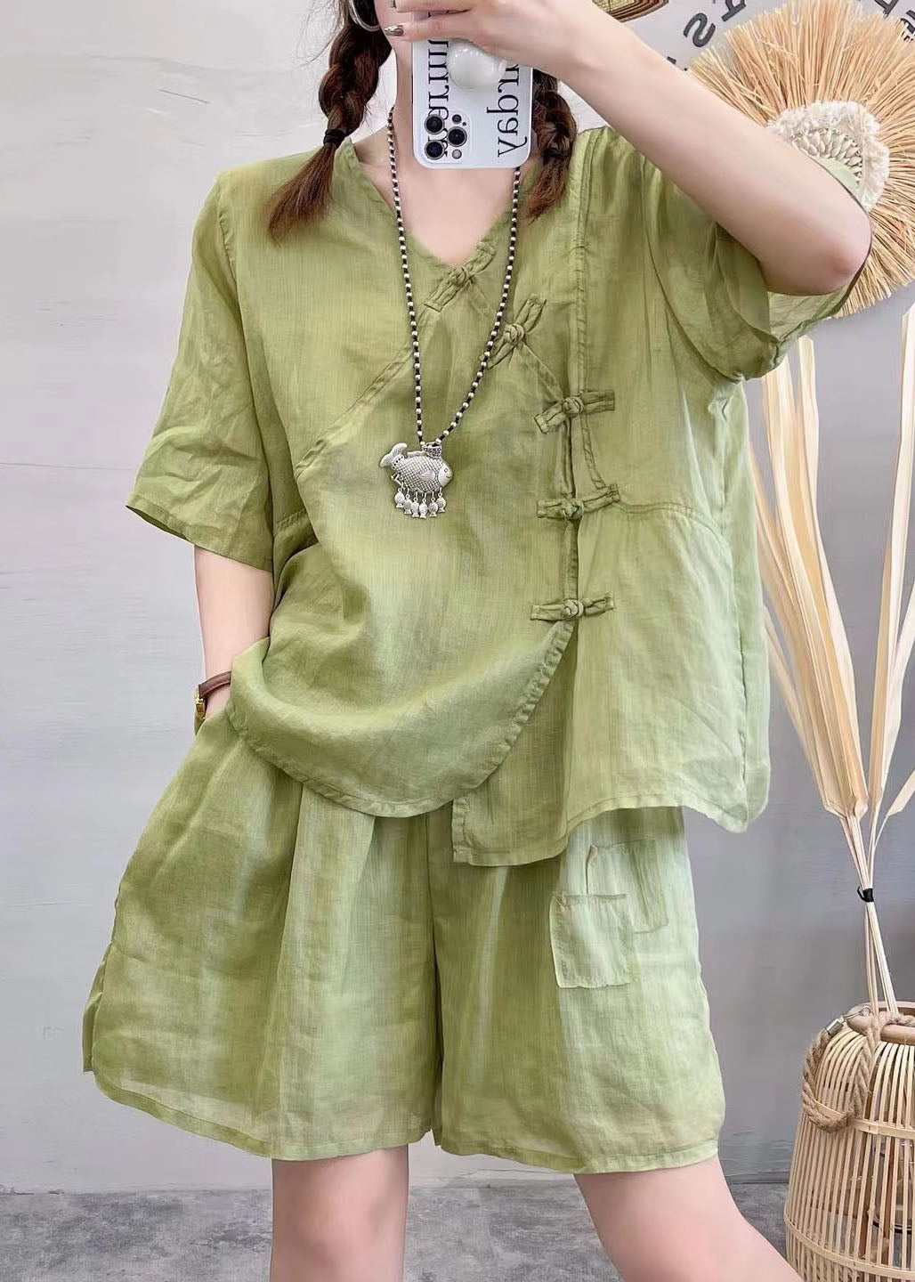 Women Green V Neck Chinese Button Pockets Patchwork Cotton Two Pieces Set Summer