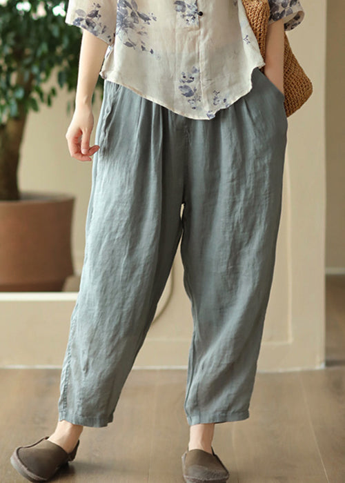 Women Grey Cozy Pockets High Waist Linen Harem Pants