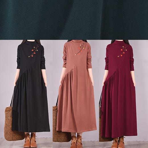 Women High Neck Cinched Spring Clothes Tutorials Black Embroidery Long Dresses - Omychic