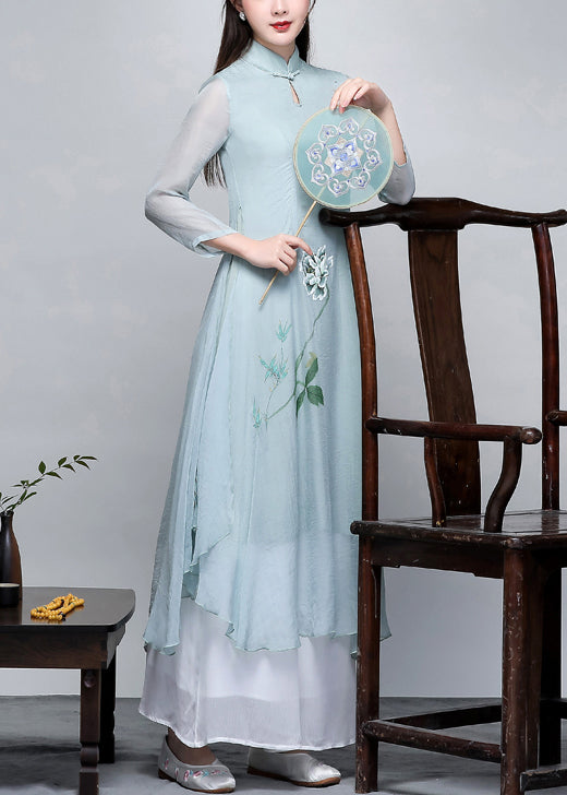 Women Light Blue Print Exra Large Hem Chiffon Dresses Two Piece Set Spring