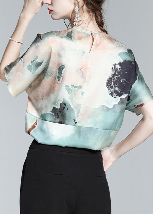 Women O-Neck Print Silk Shirts Short Sleeve