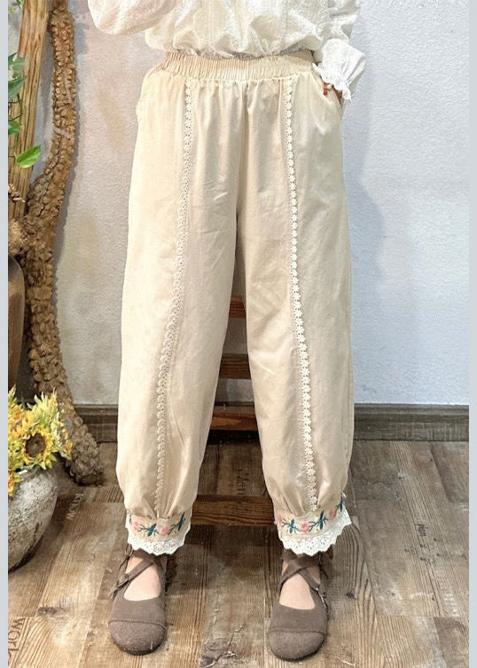 Women Pink Embroideried Pockets Elastic Waist Cotton Crop Pants Spring