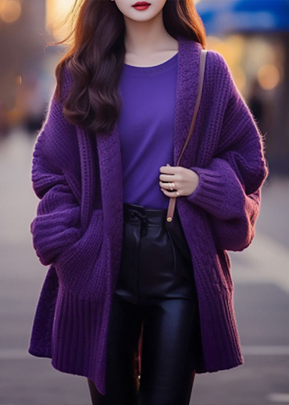 Women Purple V Neck Pockets Cotton Knit Cardigan Long Sleeve