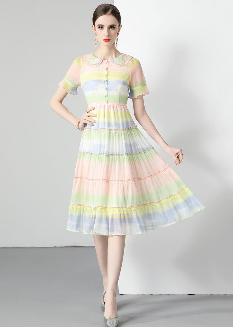 Women Rainbow Ruffled Button Patchwork Chiffon Dresses Summer