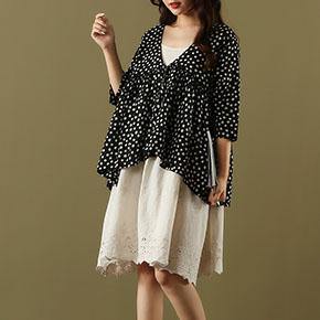 Women black dotted cotton linen clothes Neckline v neck asymmetric summer top - Omychic