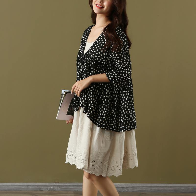 Women black dotted cotton linen clothes Neckline v neck asymmetric summer top - Omychic