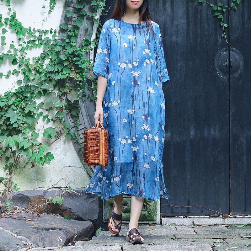 Women blue print linen Robes 2019 Tutorials o neck half sleeve Traveling Summer Dress - Omychic