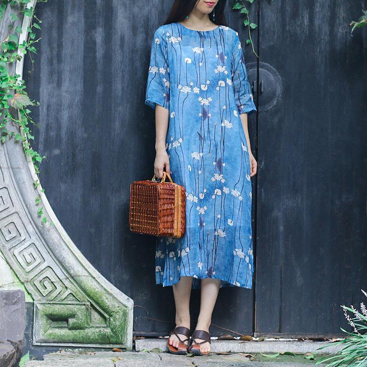 Women blue print linen Robes 2019 Tutorials o neck half sleeve Traveling Summer Dress - Omychic