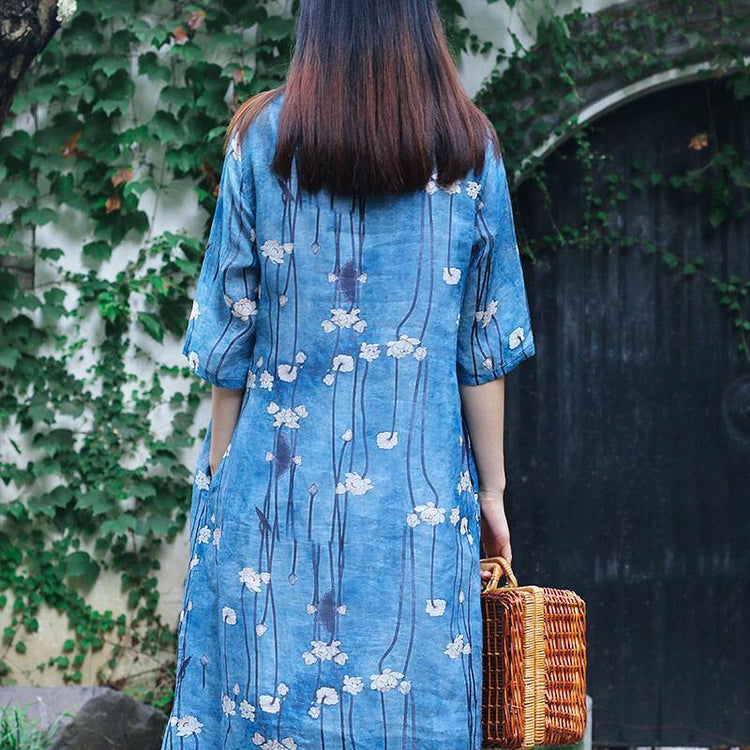 Women blue print linen Robes 2019 Tutorials o neck half sleeve Traveling Summer Dress - Omychic