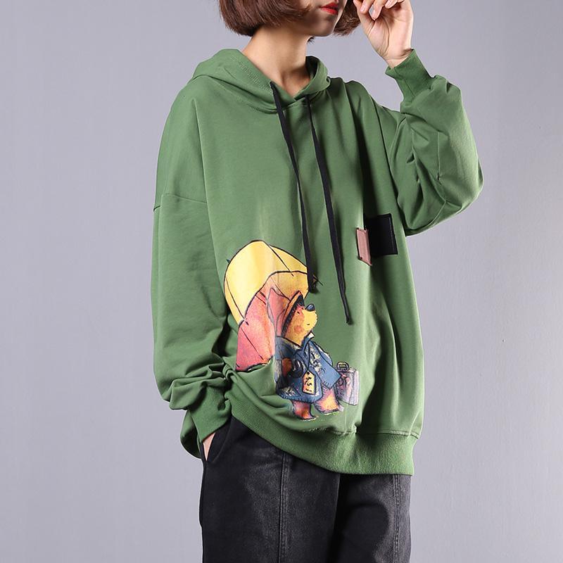 Women hooded cotton top silhouette Inspiration green Cartoon print shirts fall - Omychic