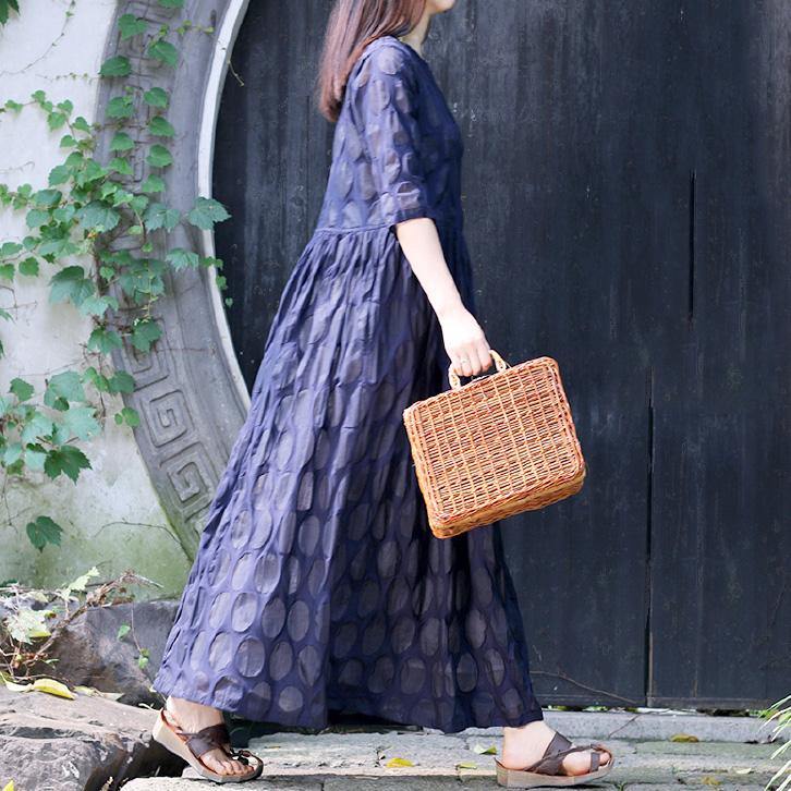 Women o neck Three Quarter sleeve cotton dresses 2019 design navy dotted cotton Dress Summer - Omychic