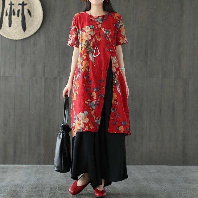 Women o neck side open linen Wardrobes red print Dresses summer - Omychic