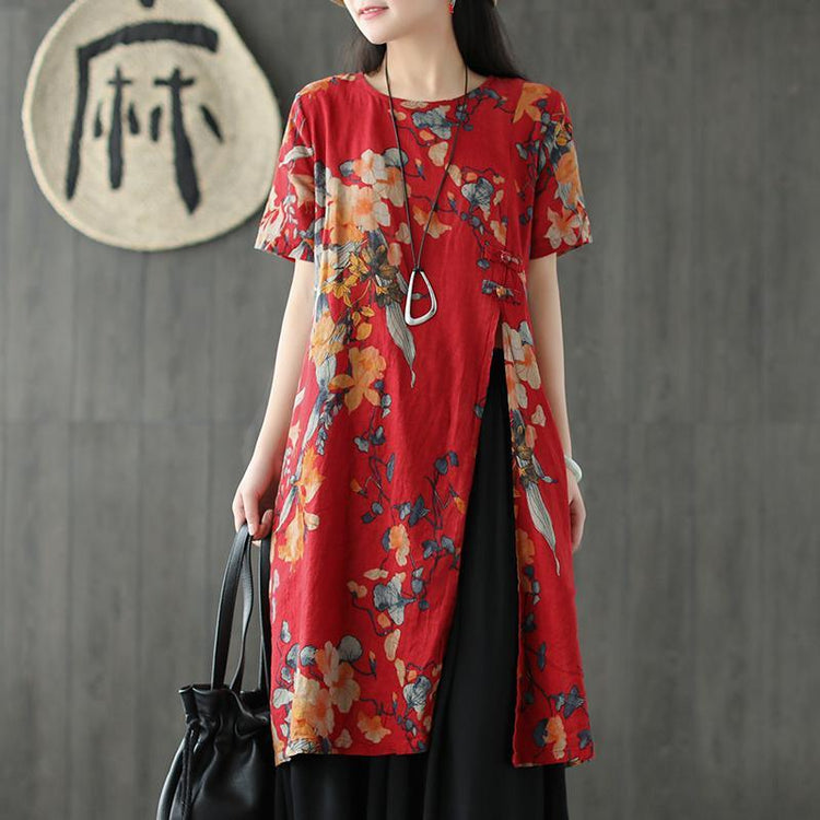 Women o neck side open linen Wardrobes red print Dresses summer - Omychic