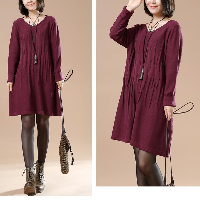 Wrinkled sweaters women knit winter dresses in burgundy - Omychic