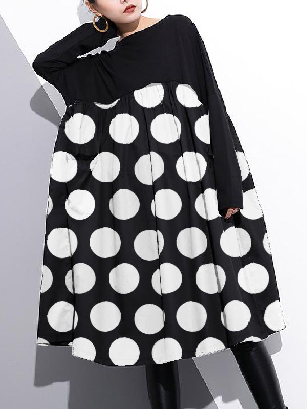 Black&White Polka-Dot Split-Joint Midi Dress