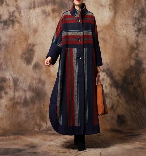Women Winter Woollen Coat Long Outwear Ladies Retro Striped Patchwork Wool&Blends Overcoat Female Stripes Spliced Coat 2020 - Omychic