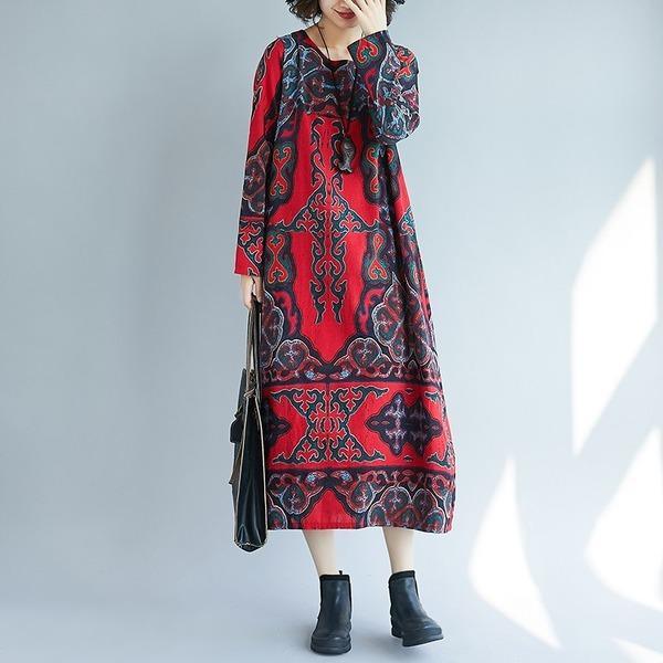 long sleeve cotton linen plus size vintage floral print women casual loose autumn dress elegant vestidos clothes 2019 dresses - Omychic