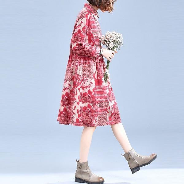 New 2020 Autumn Vintage Print Peter Pan Collar Knee-length Ladies Elegant A-line Dresses - Omychic