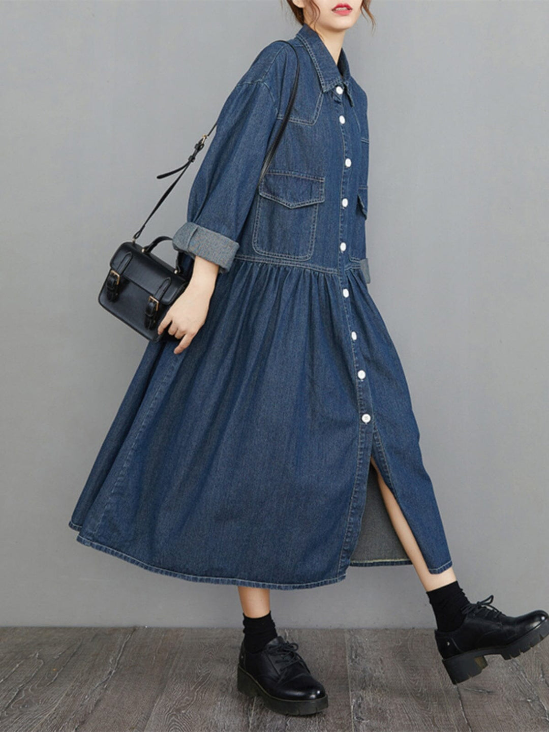 Spring Minimalist Loose Casual Denim Dress Long Sleeve