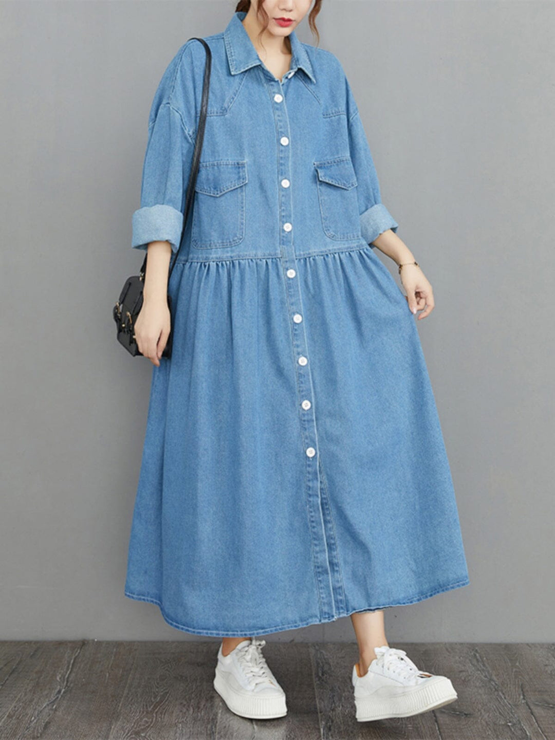 Spring Minimalist Loose Casual Denim Dress Long Sleeve