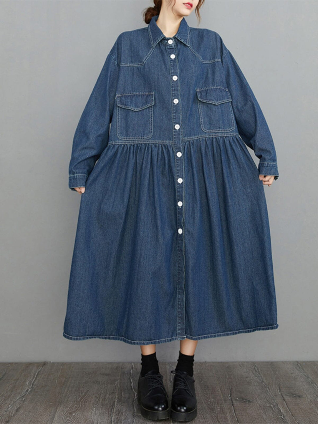 Spring Minimalist Loose Casual Denim Dress Long Sleeve