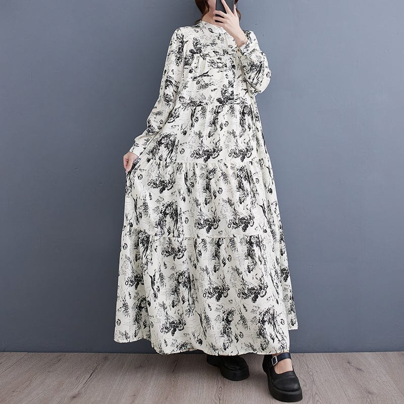 Retro Print Loose Casual Dress Long Sleeve