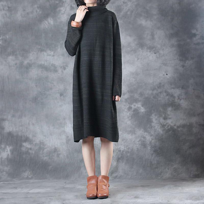 autumn gray hollow out casual knit dresses oversize high neck women sweater mid dress - Omychic