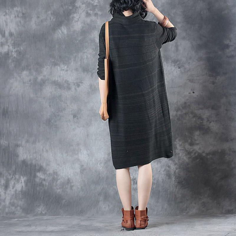 autumn gray hollow out casual knit dresses oversize high neck women sweater mid dress - Omychic