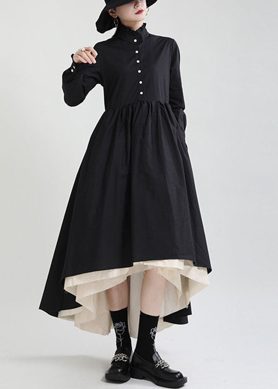 Women Black Button Patchwork asymmetrical design Fall Dresses Long sleeve