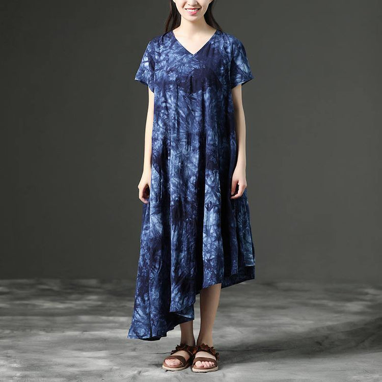 baggy long cotton blended dress stylish Cotton Retro Printing Loose Women Irregular Blue Dress - Omychic