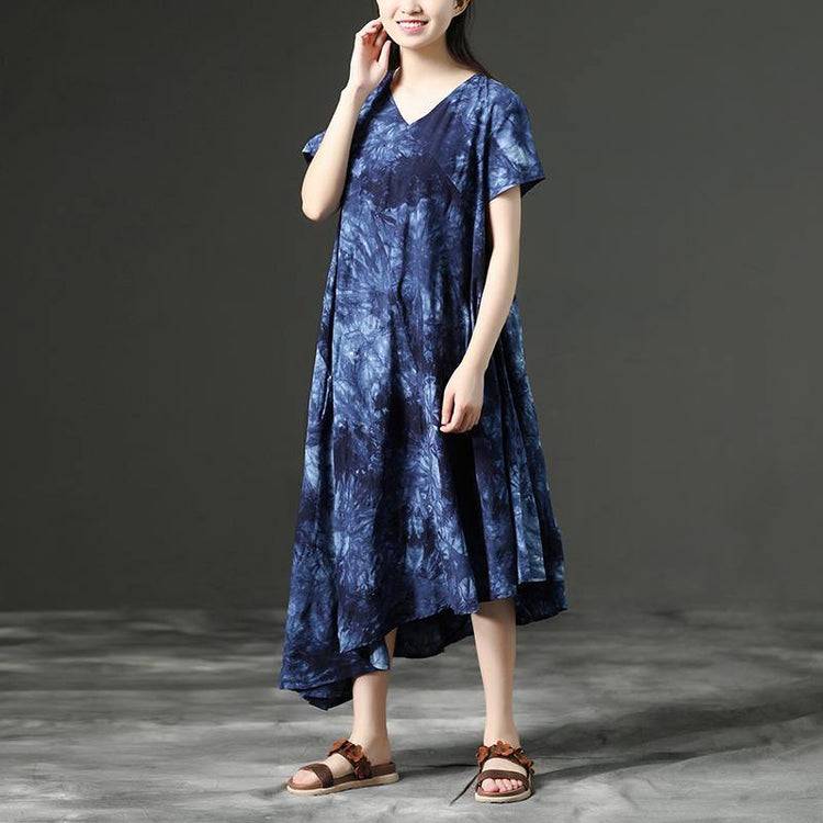 baggy long cotton blended dress stylish Cotton Retro Printing Loose Women Irregular Blue Dress - Omychic