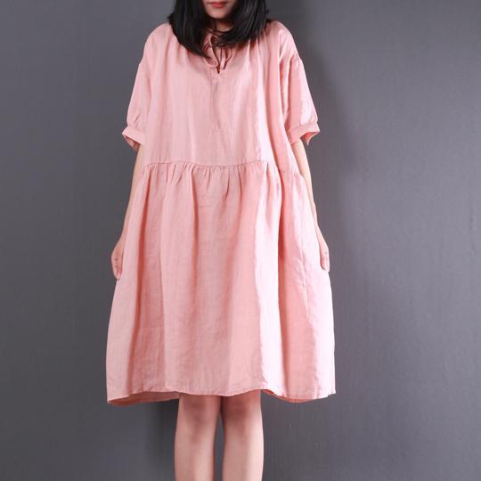 baggy loose pink casual linen dresses oversize stylish sundress wrinkled short sleeve mid dress - Omychic