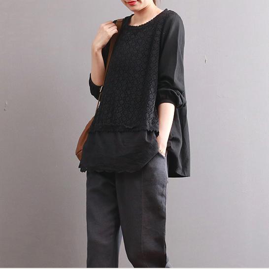 black patchwork hollow out linen blouse plus size cotton long sleeve tops - Omychic