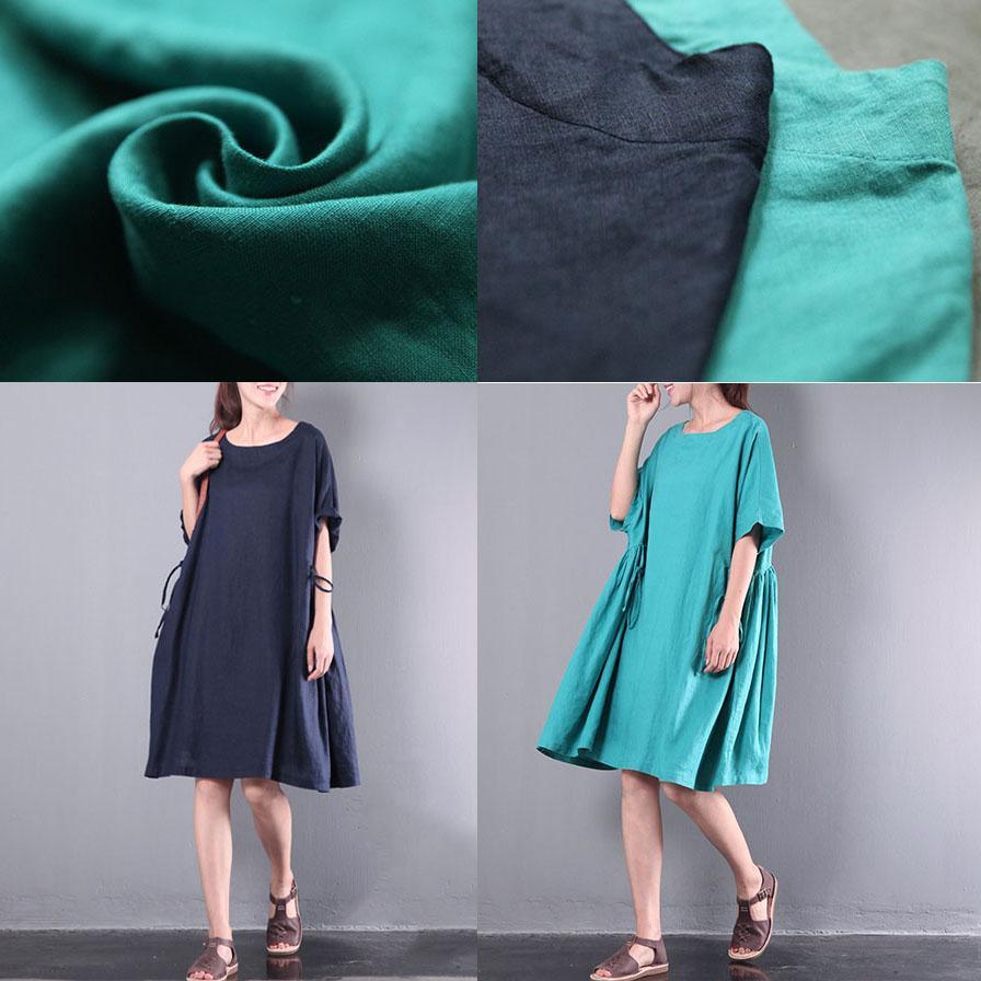 blue casual linen sundress baggy oversize women dresses patchwork o neck traveling dress - Omychic