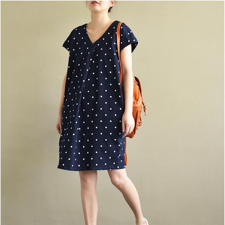blue dotted print cotton dresses plus size casual sundress V neck shift dress - Omychic