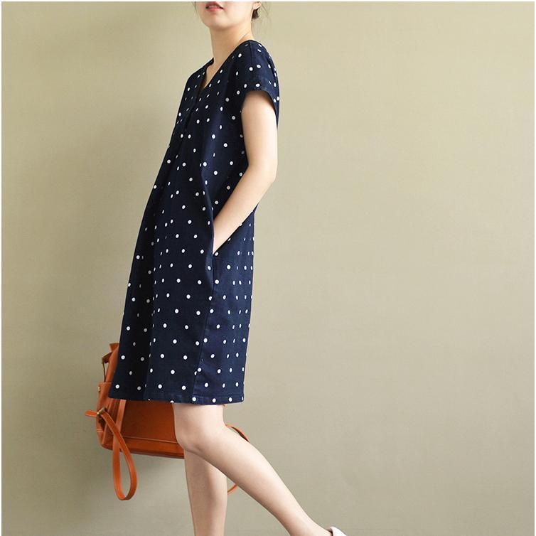 blue dotted print cotton dresses plus size casual sundress V neck shift dress - Omychic