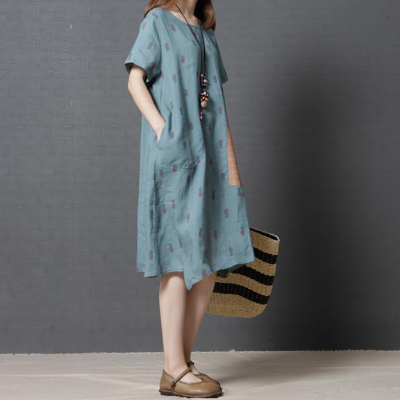 blue print casual linen sundress plus size maternity dresses asymmetric hem traveling dress - Omychic