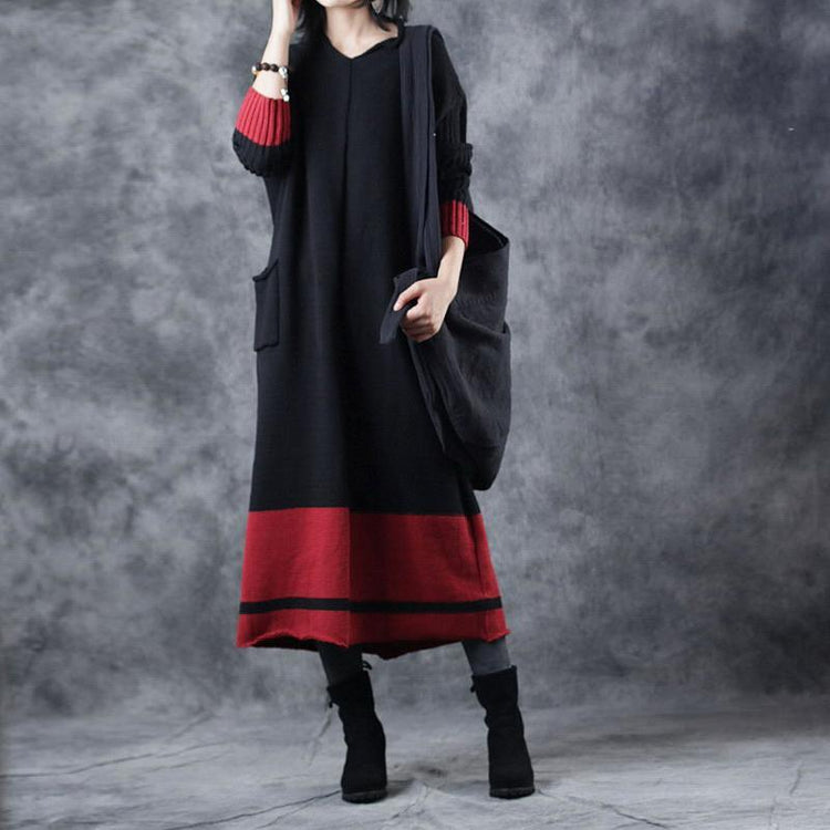 boutique black knit dresses plus size v neck pullover sweater boutique patchwork winter dress - Omychic
