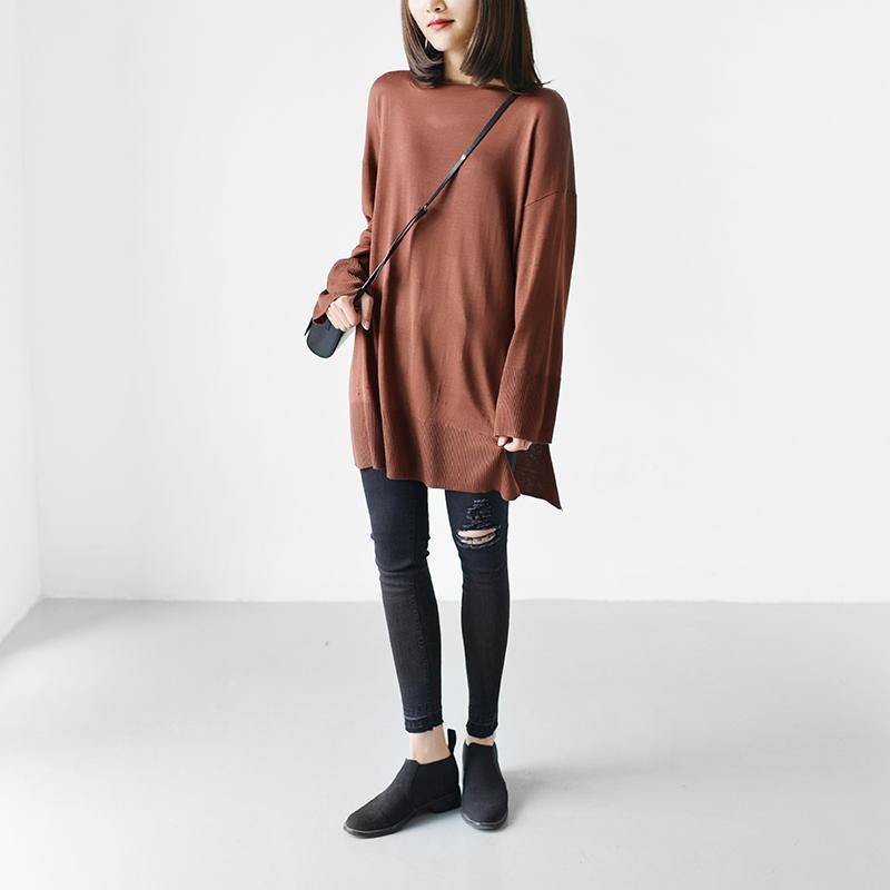 brick red casual long knit blouse women tops oversize clothing - Omychic