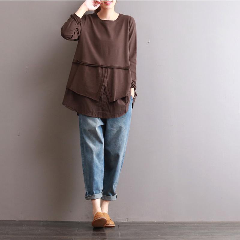 brown patchwork cotton tops plus size layered pullover new autumn - Omychic
